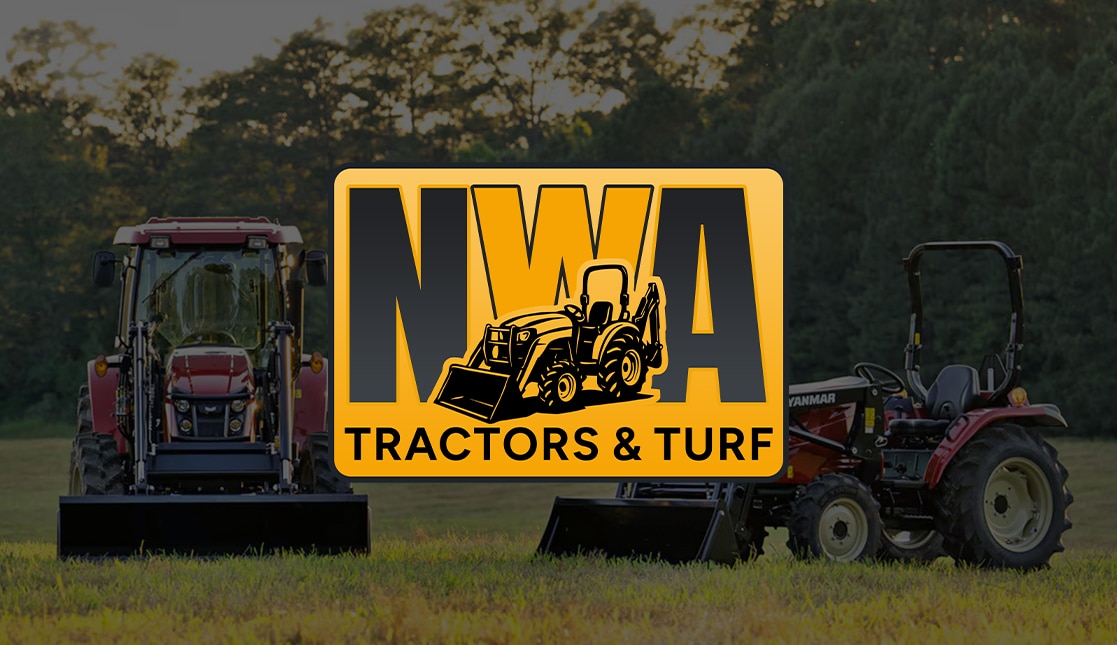 NWA Tractor logo – tractor, mower, and trailer dealer in Springdale Arkansas with tractor background overlay