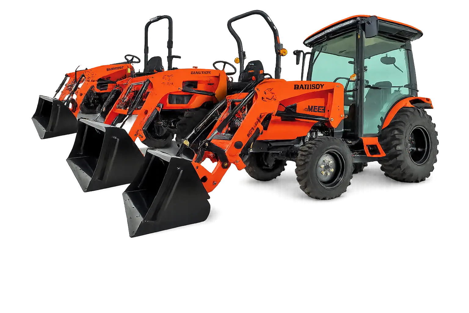 Row of new Bad Boy tractors on the lot at NWA Tractor in Springdale Arkansas available with financing through Sheffield Financial