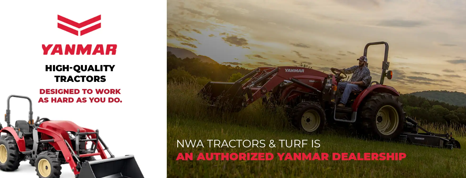 Yanmar compact tractor with front loader being operated in a field at NWA Tractor and Turf authorized Yanmar dealership in Springdale Arkansas