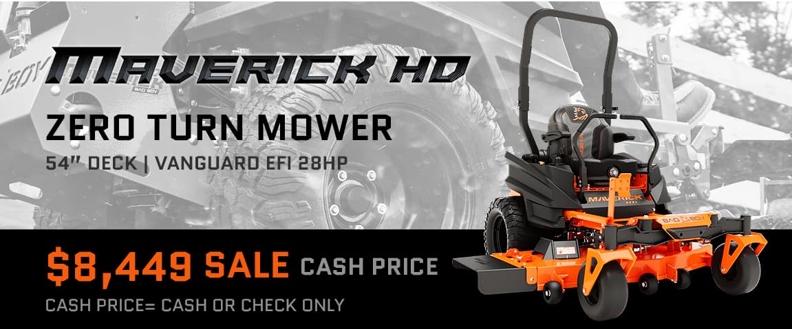 Bad Boy Maverick HD zero turn mower with 54 inch deck and Vanguard EFI 28HP engine on sale for 8449 cash price at NWA Tractor in Springdale Arkansas