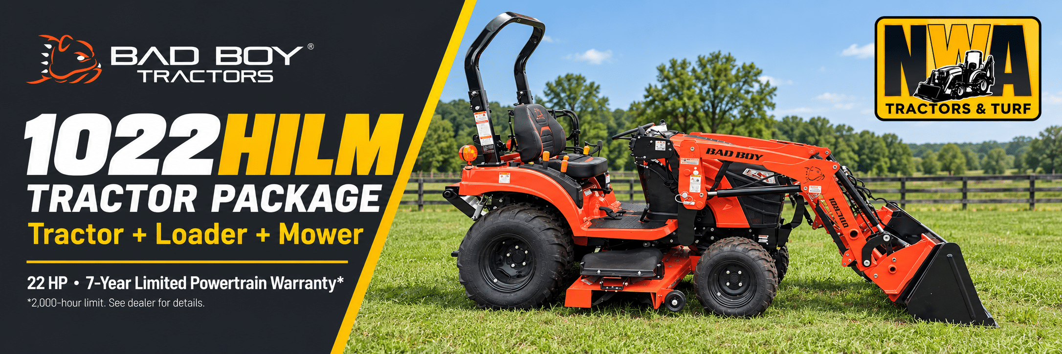 Bad Boy 1022HILM 22 HP tractor package with front loader and mower deck at NWA Tractor & Turf in Springdale, Arkansas, featuring a 7-year limited powertrain warranty.